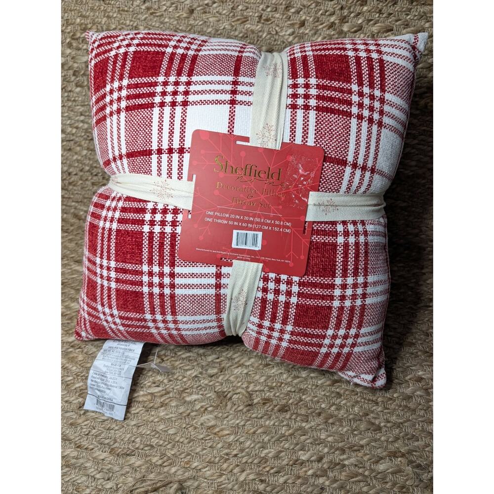 NEW! Sheffield Home Red & White Plaid Throw Blanket & Pillow Set Christmas Decor